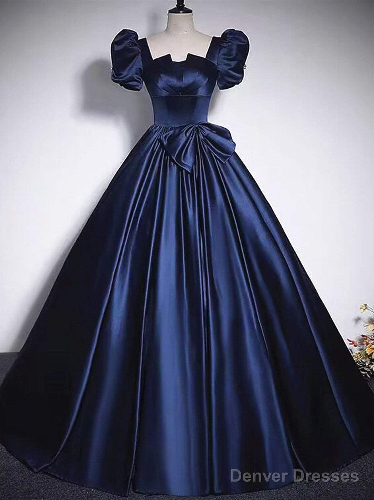 Short Sleeves Dark Blue Long Prom Dresses, Dark Blue Short Sleeves Long Formal Evening Dresses Secondary image