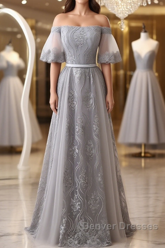 Short Sleeves Grey Lace Long Prom Dress, Short Sleeves Gray Lace Long Formal Evening Dress Main image