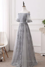 Short Sleeves Grey Lace Long Prom Dress, Short Sleeves Gray Lace Long Formal Evening Dress