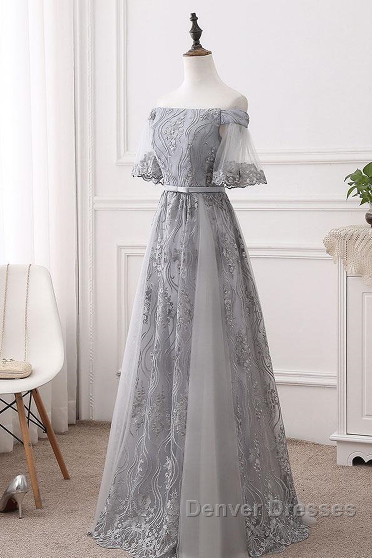 Short Sleeves Grey Lace Long Prom Dress, Short Sleeves Gray Lace Long Formal Evening Dress