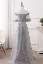 Short Sleeves Grey Lace Long Prom Dress, Short Sleeves Gray Lace Long Formal Evening Dress
