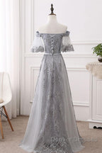 Short Sleeves Grey Lace Long Prom Dress, Short Sleeves Gray Lace Long Formal Evening Dress