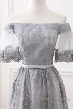 Short Sleeves Grey Lace Long Prom Dress, Short Sleeves Gray Lace Long Formal Evening Dress