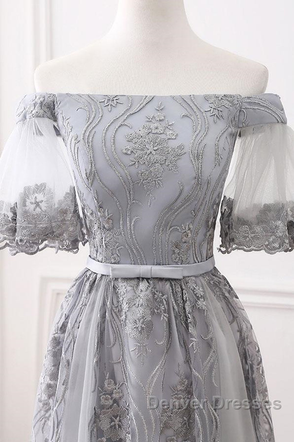 Short Sleeves Grey Lace Long Prom Dress, Short Sleeves Gray Lace Long Formal Evening Dress