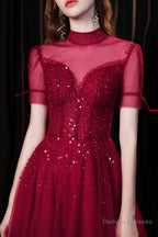 Short Sleeves High Neck Open Back Beading Long Prom Dresses
