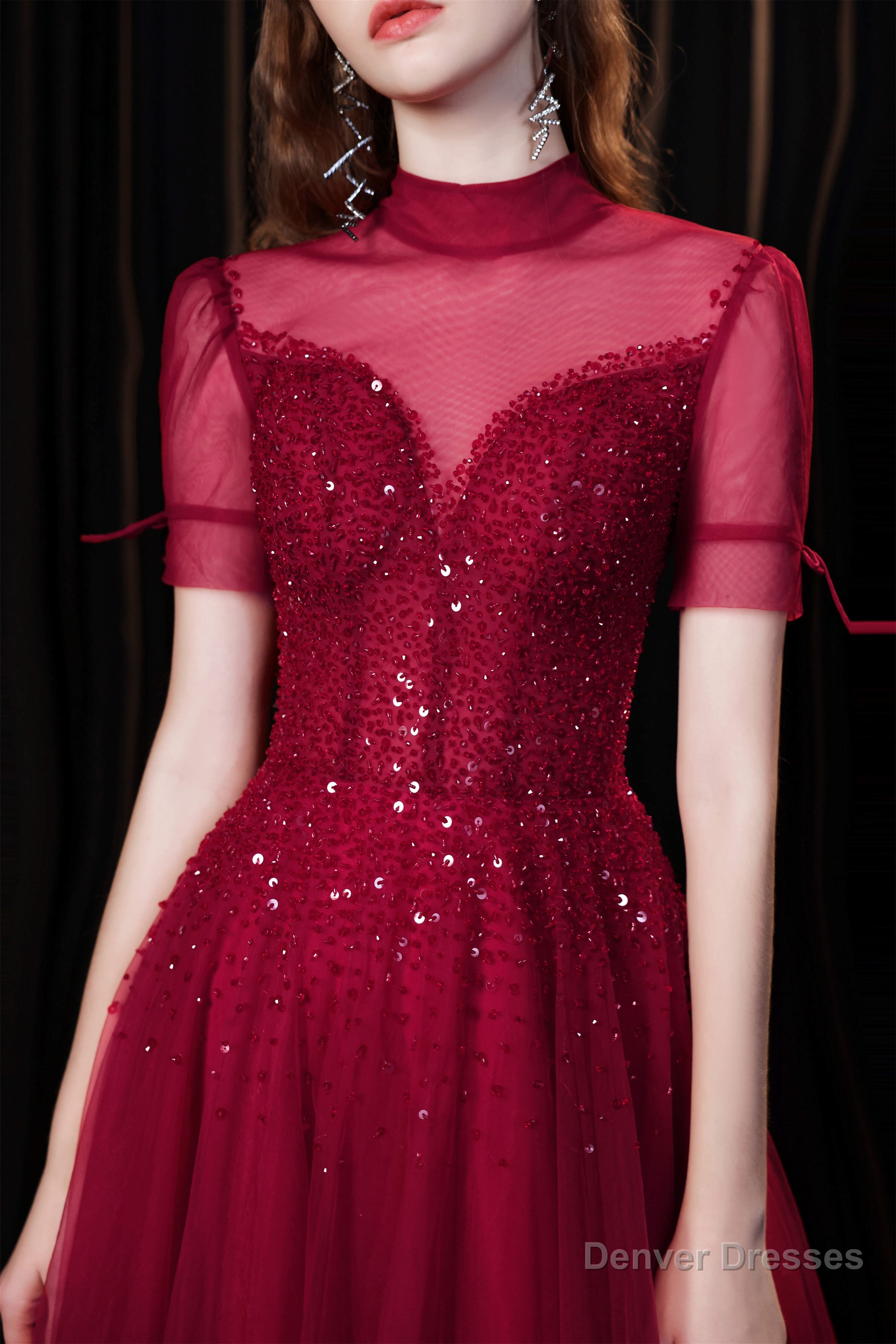Short Sleeves High Neck Open Back Beading Long Prom Dresses