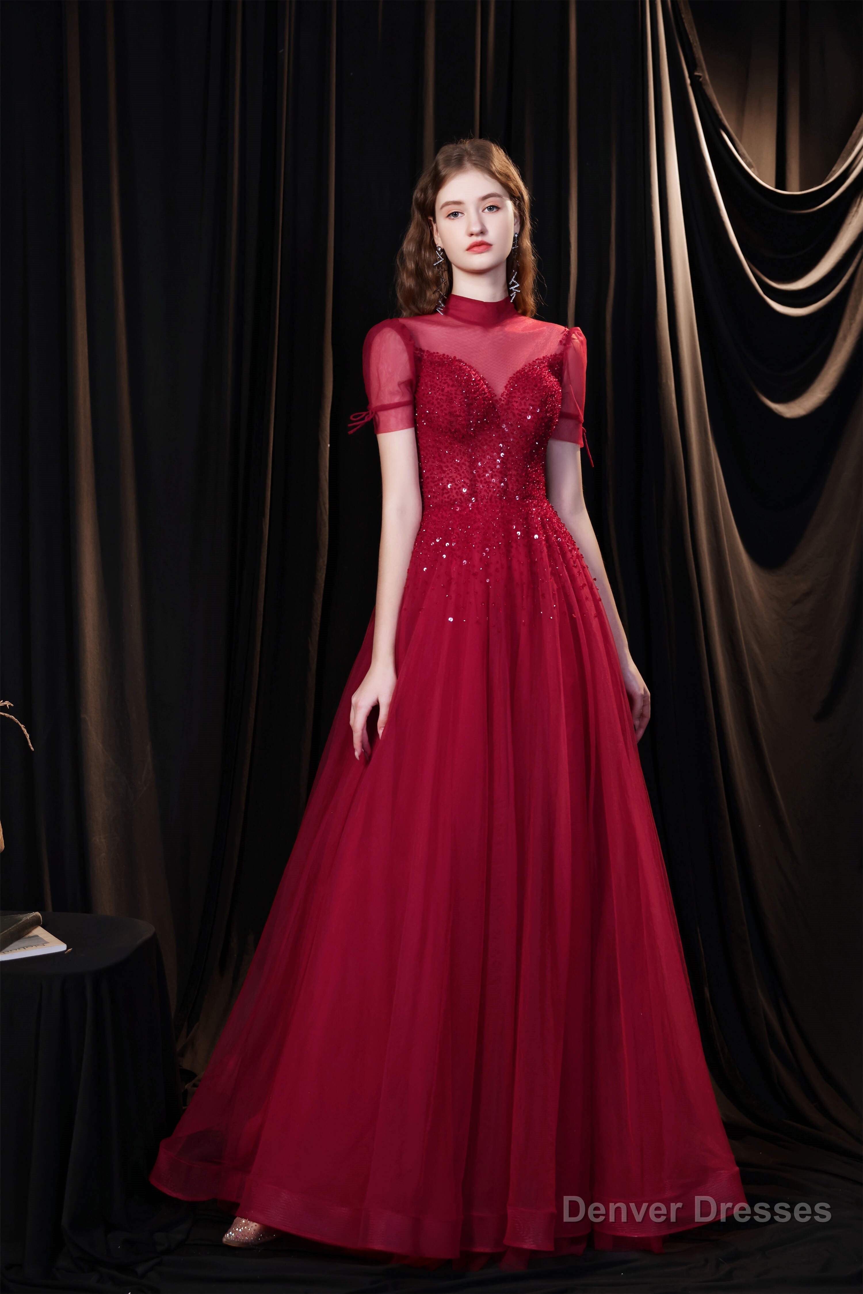 Short Sleeves High Neck Open Back Beading Long Prom Dresses Secondary image