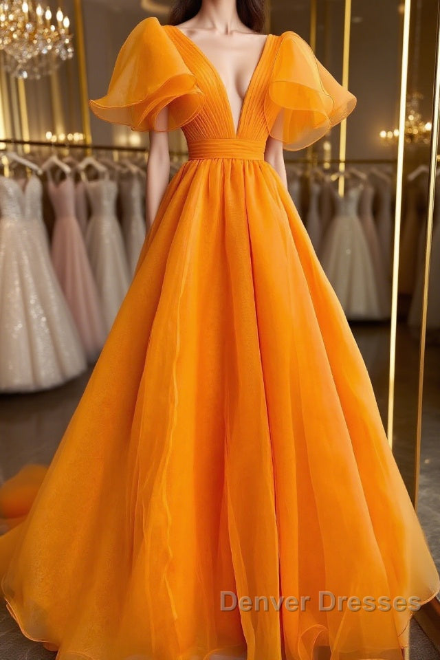 Short Sleeves Orange Long Prom Dress, Orange Long Formal Evening Dress Main image