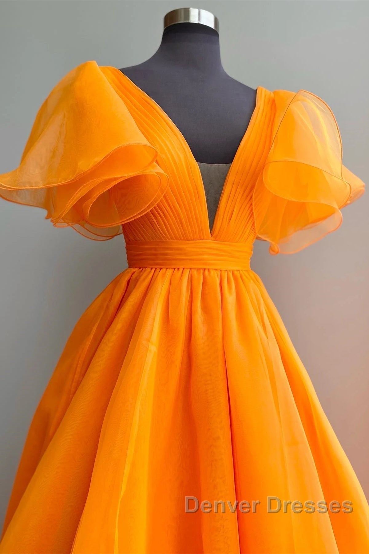 Short Sleeves Orange Long Prom Dress, Orange Long Formal Evening Dress Secondary image