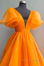 Short Sleeves Orange Long Prom Dress, Orange Long Formal Evening Dress