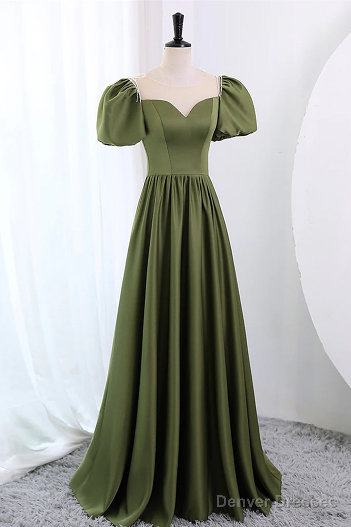 Short Sleeves Scoop Neck Dark Green Satin Prom Dresses, Short Sleeves Green Formal Evening Dresses Secondary image