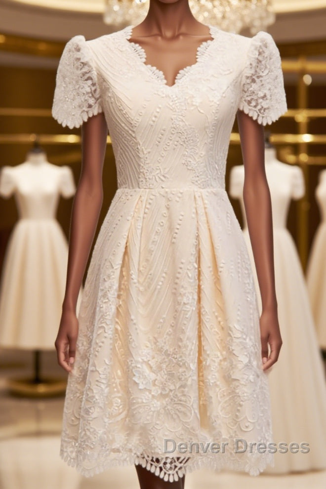 Short Sleeves Short Champagne Lace Prom Dress, Short Champagne Lace Formal Wedding Dress Main image