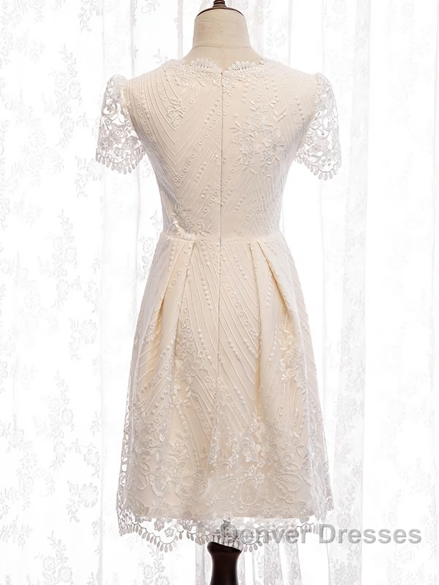 Short Sleeves Short Champagne Lace Prom Dress, Short Champagne Lace Formal Wedding Dress Secondary image