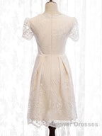 Short Sleeves Short Champagne Lace Prom Dress, Short Champagne Lace Formal Wedding Dress