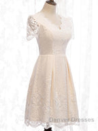 Short Sleeves Short Champagne Lace Prom Dress, Short Champagne Lace Formal Wedding Dress