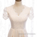 Short Sleeves Short Champagne Lace Prom Dress, Short Champagne Lace Formal Wedding Dress