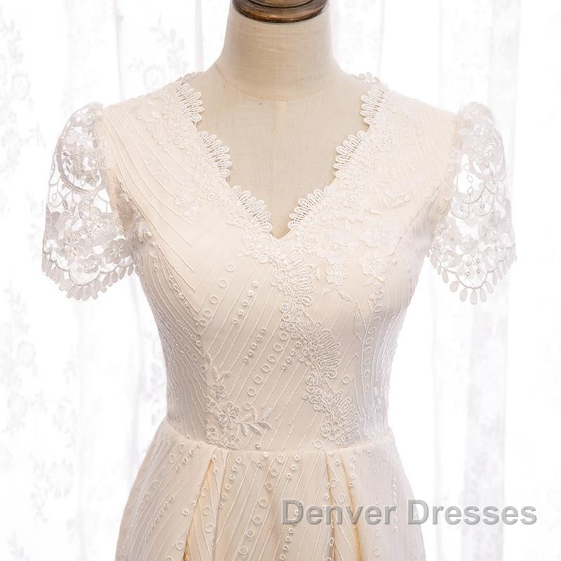 Short Sleeves Short Champagne Lace Prom Dress, Short Champagne Lace Formal Wedding Dress