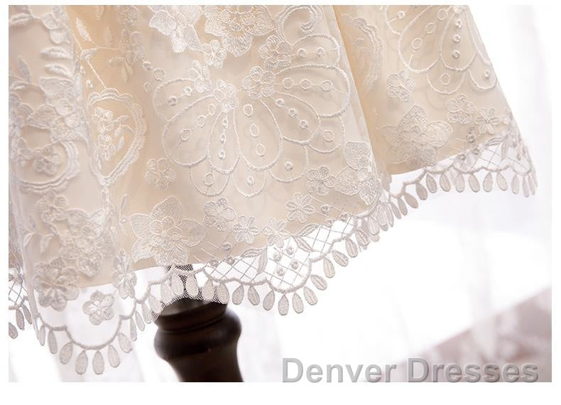 Short Sleeves Short Champagne Lace Prom Dress, Short Champagne Lace Formal Wedding Dress