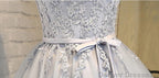 Short Sleeves Silver Gray Lace Prom Dresses, Lace Graduation Homecoming Dresses