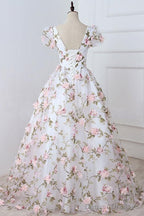 Short Sleeves V Neck Pink 3D Flower White Long Prom Dress, V Neck White Formal Evening Dress With Pink Appliques