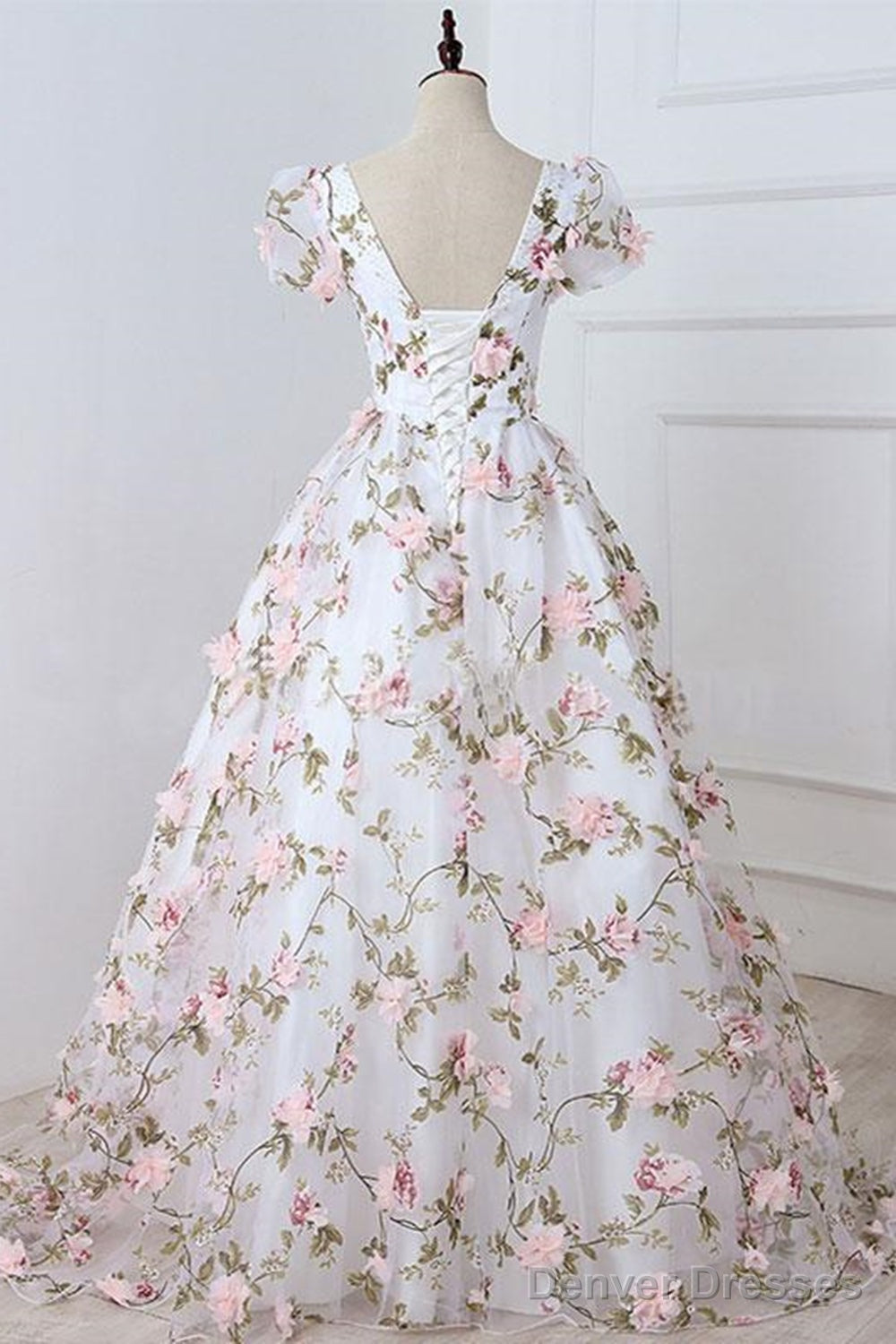 Short Sleeves V Neck Pink 3D Flower White Long Prom Dress, V Neck White Formal Evening Dress With Pink Appliques