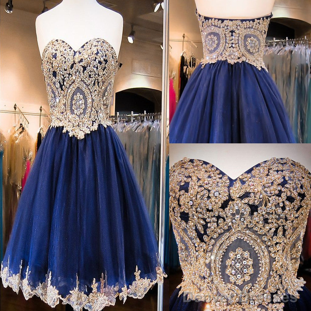 Short  Sweetheart Sleeveless Lace Rhinestone Beads Royal Blue Appliques Open Back Chiffon  Homecoming Dress