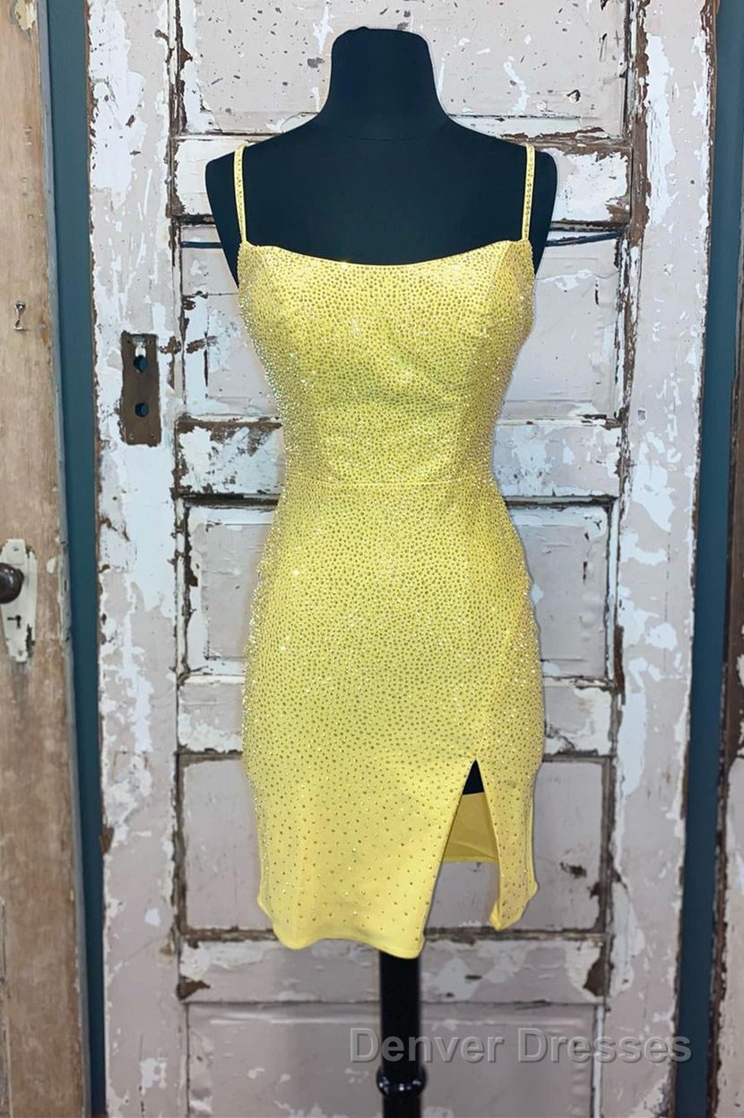 Short Tight Yellow Homecoming Dress,Crystal Beaded Semi Formal Dress