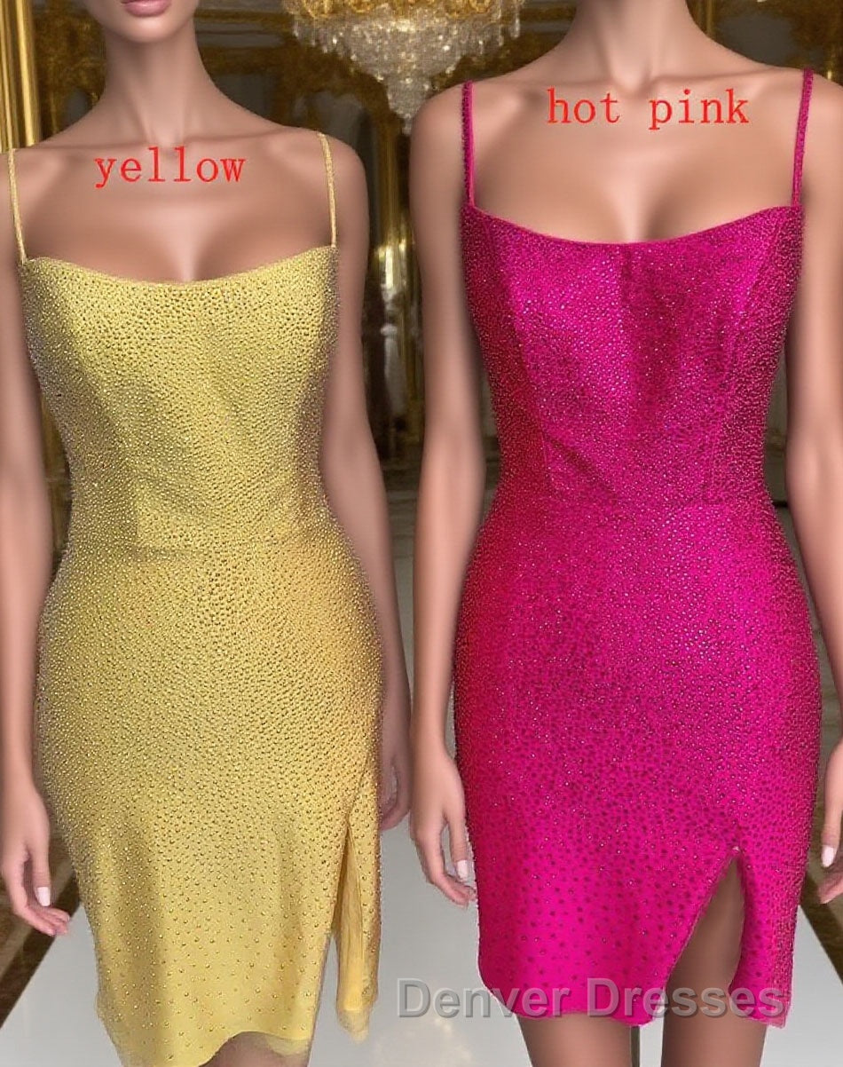Short Tight Yellow Homecoming Dress,Crystal Beaded Semi Formal Dress