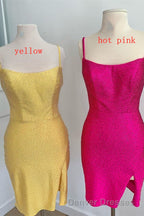 Short Tight Yellow Homecoming Dress with Lace Up