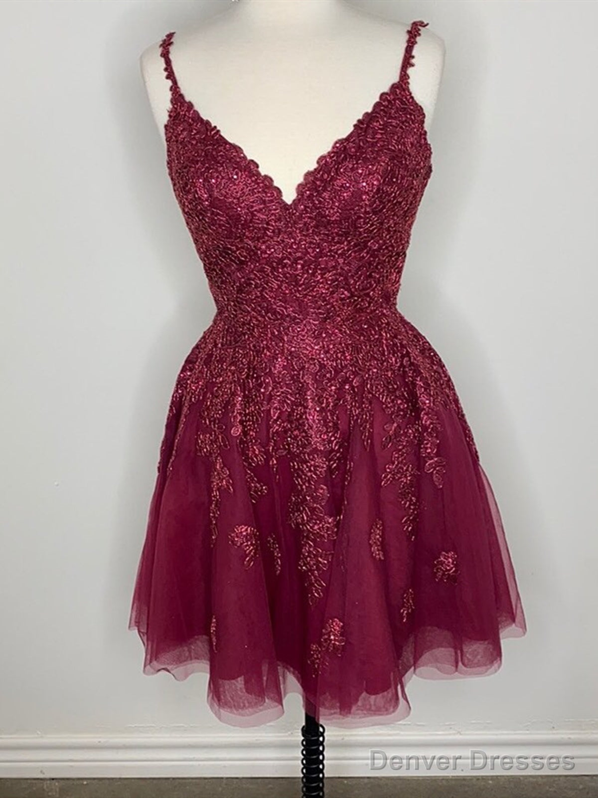 Short V Neck Burgundy Lace Prom Dresses, Short Wine Red Lace Homecoming Graduation Dresses Main image