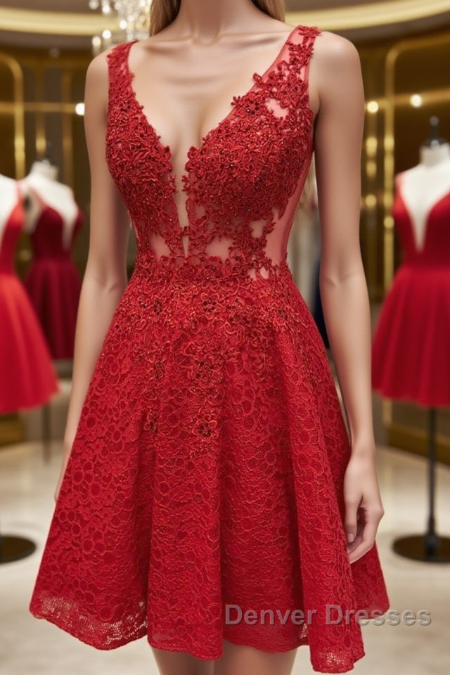 Short V Neck Lace Prom Dress, Short Red V Neck Lace Homecoming Graduation Dress Main image