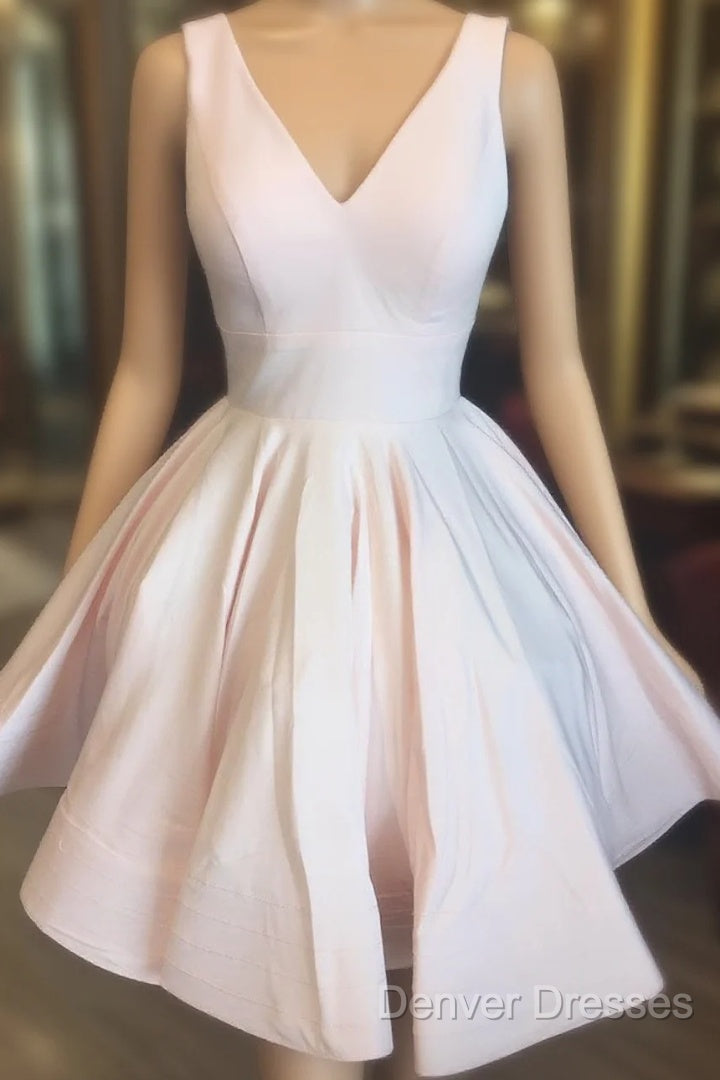 Short V Neck Light Pink Satin Prom Dress, Short V Neck Pink Formal Graduation Dress Main image