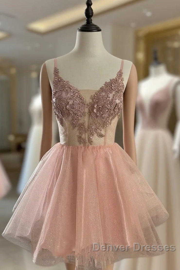 Short V Neck Pink Lace Prom Dress, Short Pink Lace Graduation Homecoming Dress Main image