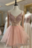 Short V Neck Pink Lace Prom Dress, Short Pink Lace Graduation Homecoming Dress