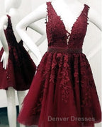 Short V-neck Tulle Prom Homecoming Dress Lace Embroidery