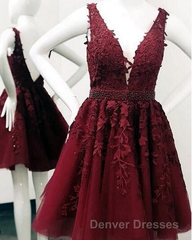 Short V-neck Tulle Prom Homecoming Dress Lace Embroidery