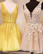 Short V-neck Tulle Prom Homecoming Dress Lace Embroidery