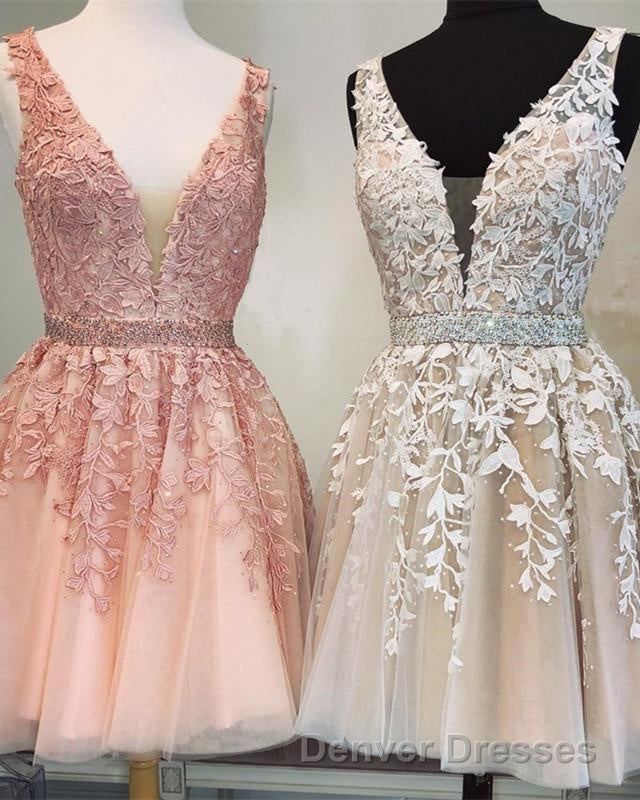 Short V-neck Tulle Prom Homecoming Dress Lace Embroidery