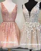 Short V-neck Tulle Prom Homecoming Dress Lace Embroidery