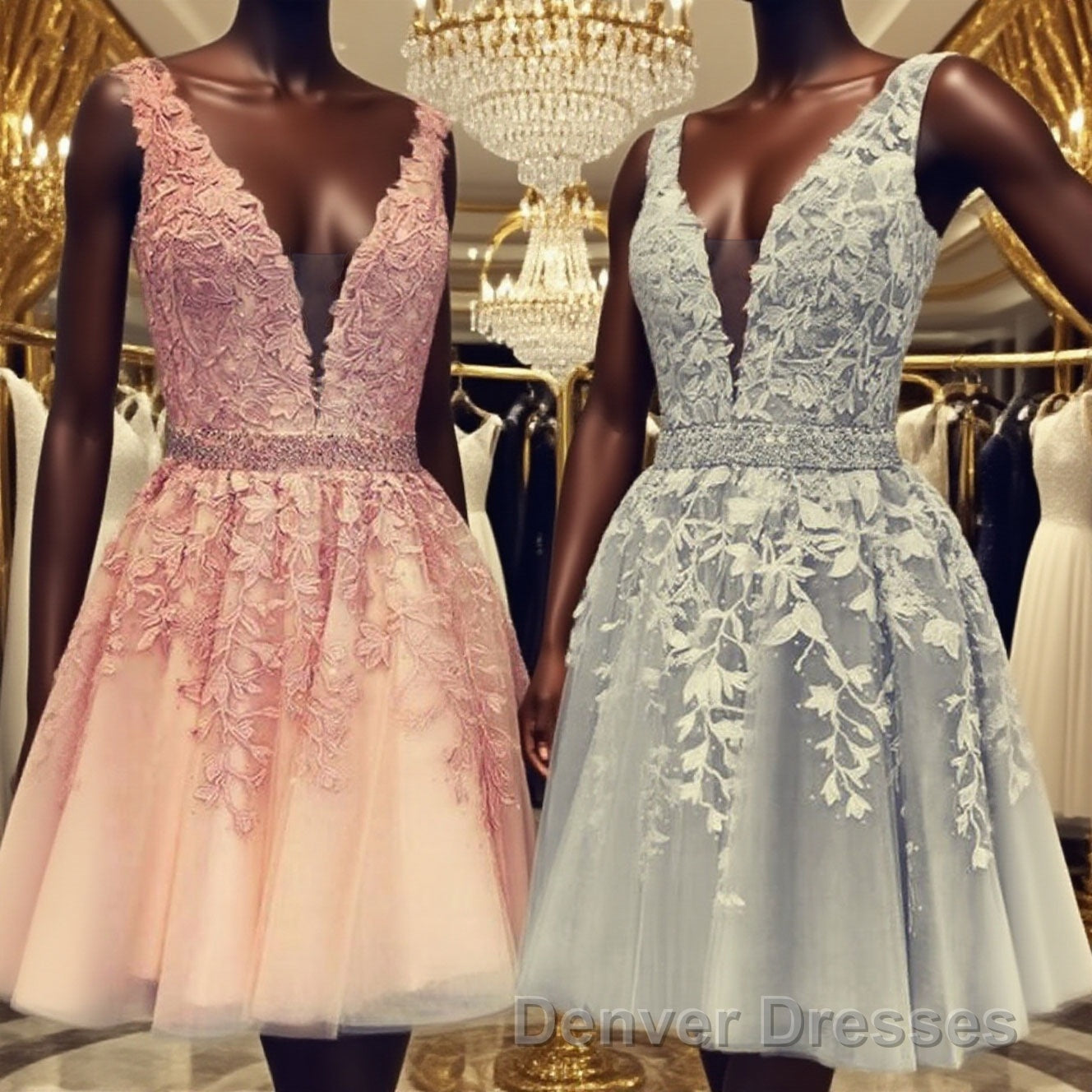 Short V-neck Tulle Prom Homecoming Dress Lace Embroidery Main image