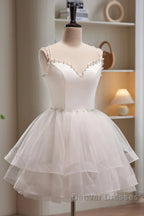 Short V Neck White Prom Dress, Short V Neck White Formal Homecoming Dress