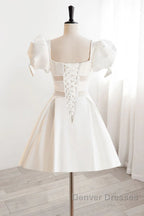 Short White Beaded Prom Dress, Short White Beaded Formal Homecoming Dress