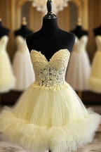 Short Yellow Lace Corset Ruffle Hemline Dress