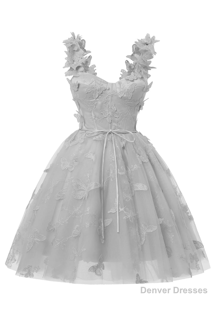 Silver 3D Butterfly Lace Applique Tulle Homecoming Dress for Teens Sweetheart Mini Short Prom Dresses