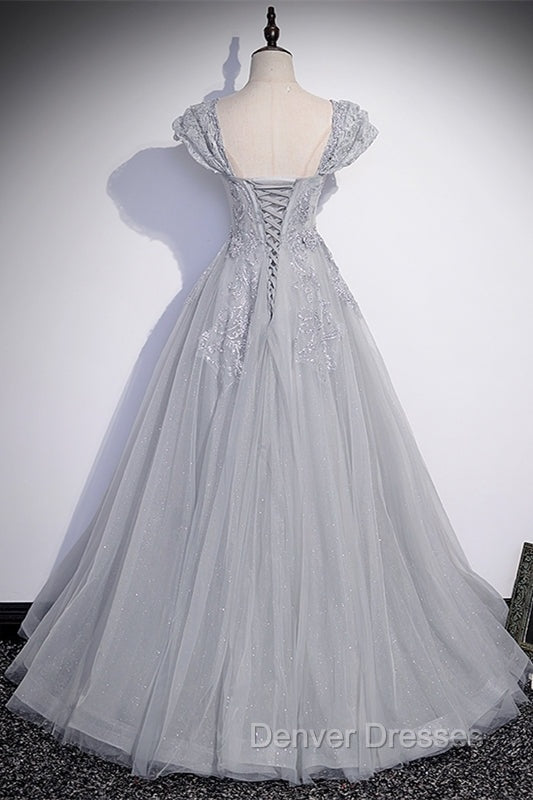 Silver A-line Long Prom Dress with Cap Sleeves Secondary image