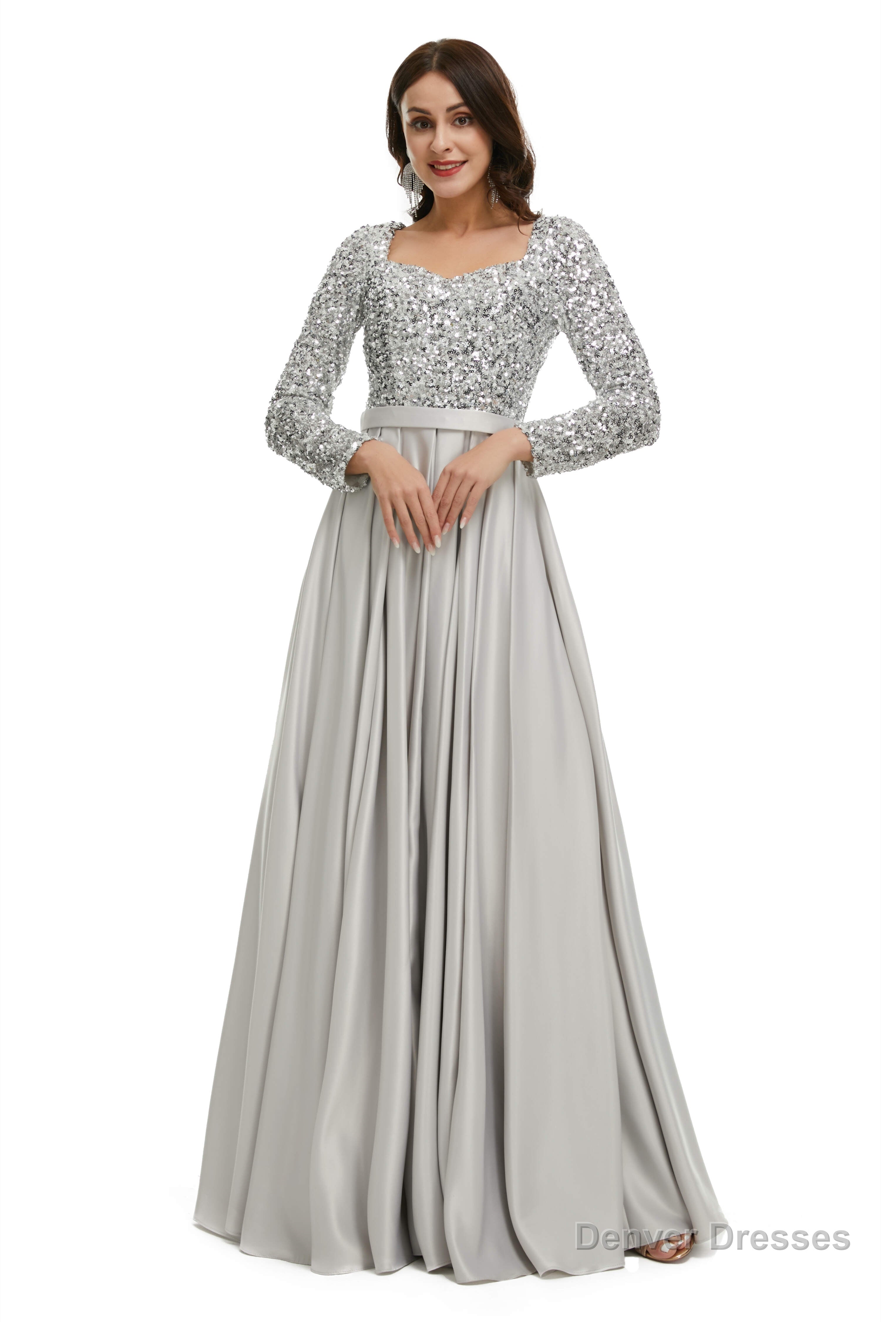 A-Line Sequins Sweet Neck Long Sleeve Prom Dresses