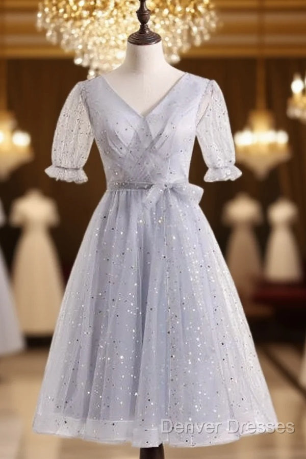 Silver A-Line Short Party Dress Birthday Dress With Short Sleeves Homecoming Dress Main image