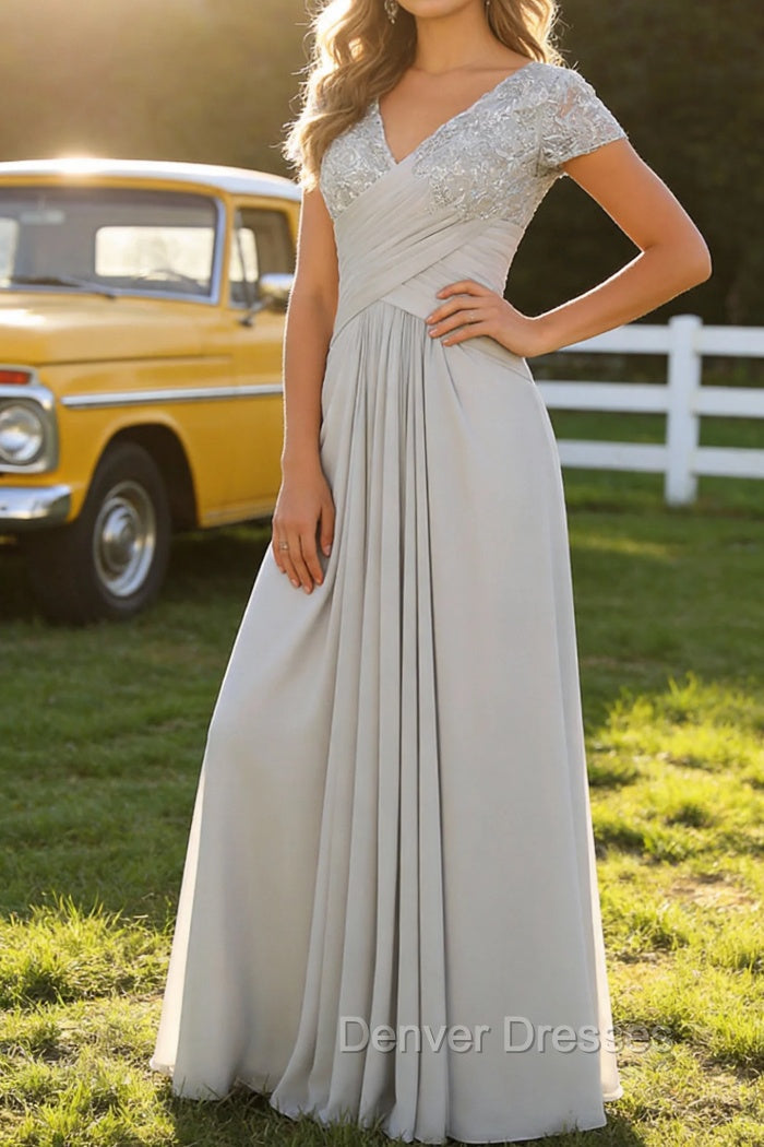 Silver A Line V Neck Ruched Mother Of The Bride Dress Main image