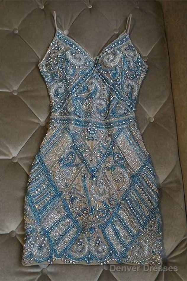 Silver And Turquoise Crystal Beaded Homecoming Dresses, Short Main image