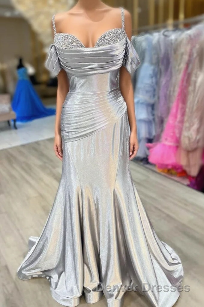 Silver Cold Sleeves Beaded Ruched Mermaid Prom Dress Main image